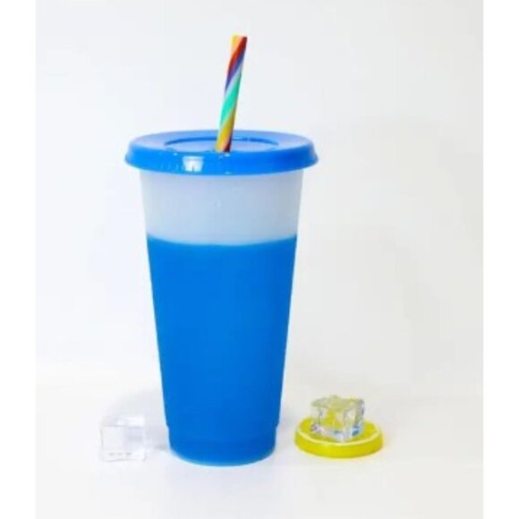Color Changing Reusable Plastic Cups with Lids & Straws – 5-Pack 24oz (710ml) - Picture 3 of 6